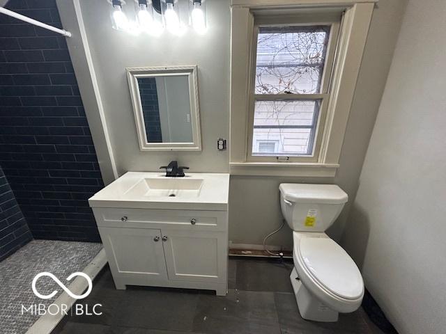 bathroom with toilet, a stall shower, and vanity