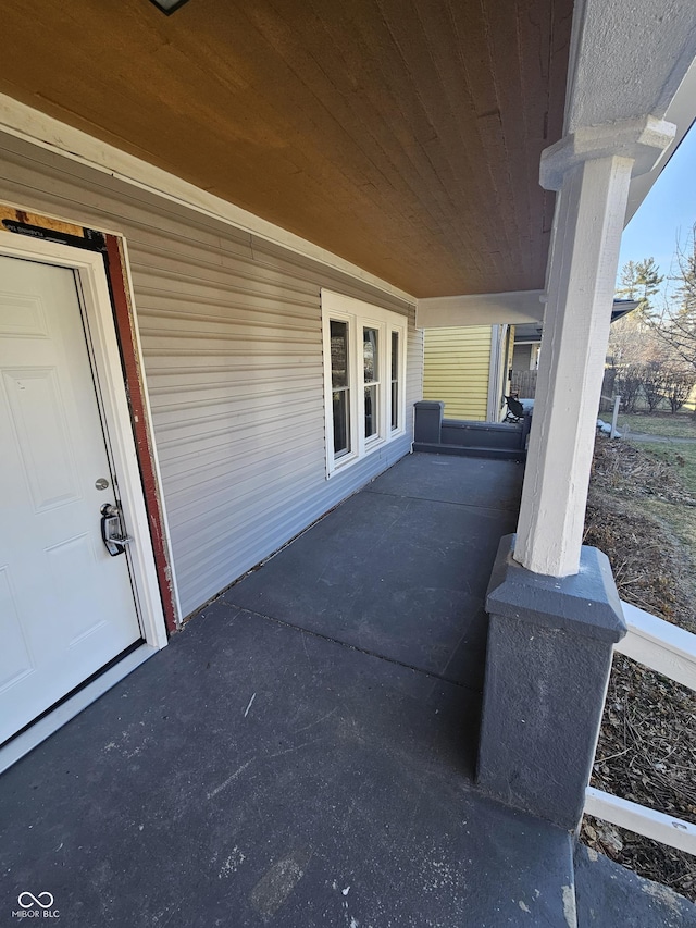 view of patio with a garage