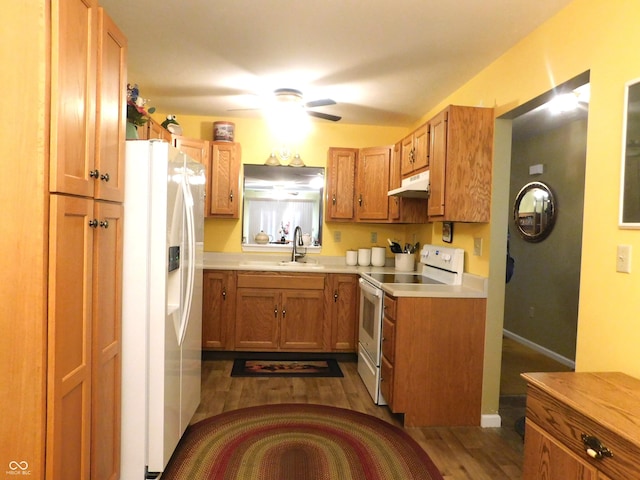 kitchen featuring white appliances, light countertops, a sink, and under cabinet range hood