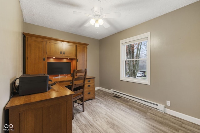 office area featuring a baseboard radiator, light wood-style flooring, a ceiling fan, a textured ceiling, and baseboards