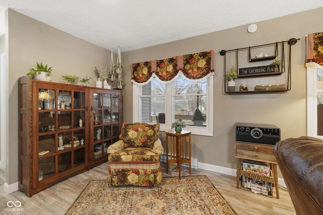 sitting room featuring a textured ceiling, baseboards, and wood finished floors