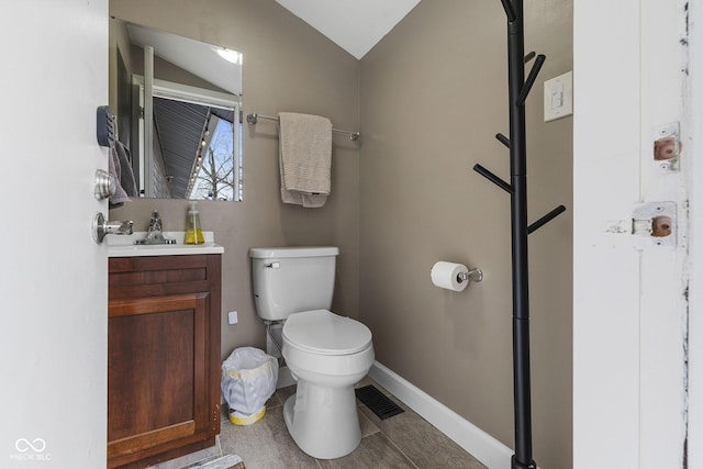 half bathroom with toilet, baseboards, visible vents, and vanity