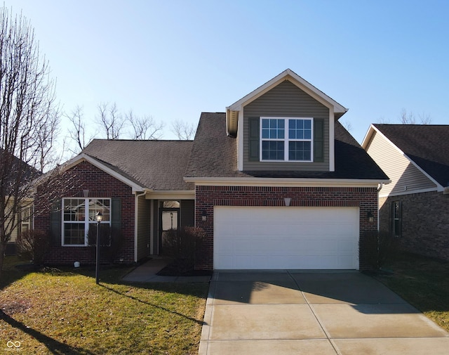 traditional home featuring driveway, a shingled roof, a front yard, and brick siding