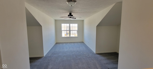 additional living space featuring a textured ceiling, carpet, a ceiling fan, and baseboards