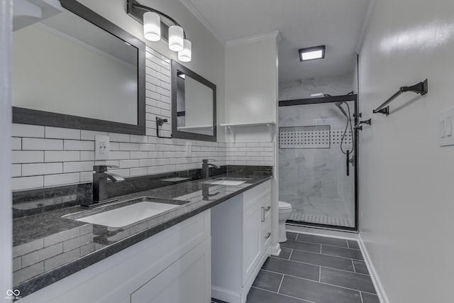 bathroom with backsplash, a sink, and a marble finish shower