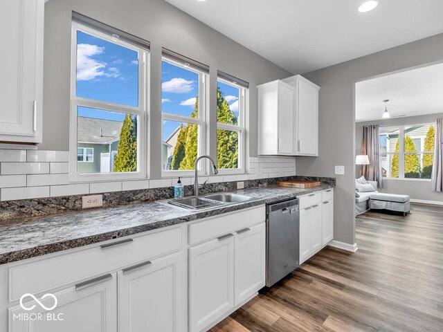 kitchen featuring dark wood-type flooring, white cabinets, a sink, and stainless steel dishwasher