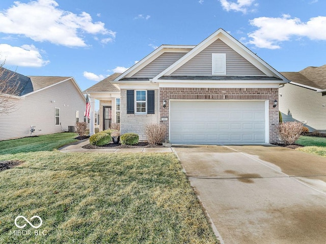 view of front facade featuring an attached garage, brick siding, driveway, roof with shingles, and a front lawn