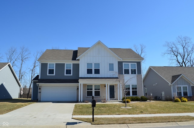 view of front of home with brick siding, concrete driveway, board and batten siding, a garage, and a front lawn