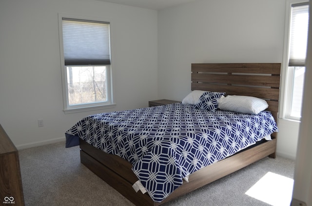 bedroom featuring carpet floors, multiple windows, and baseboards