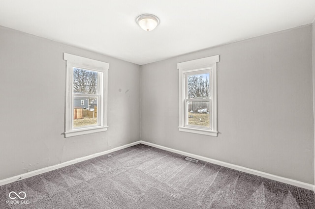 spare room featuring carpet floors, a wealth of natural light, and baseboards