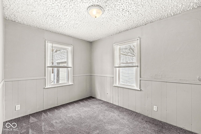 empty room with a wainscoted wall, carpet flooring, and a textured ceiling