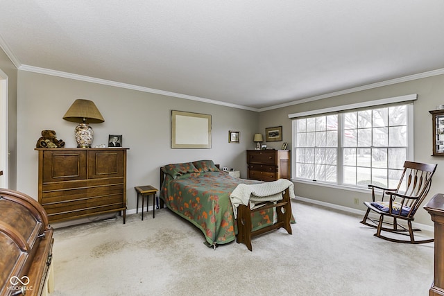 bedroom with baseboards, crown molding, and light colored carpet