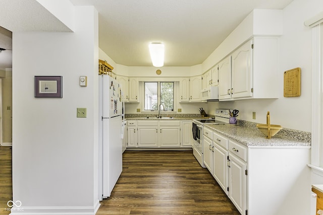 kitchen featuring a textured ceiling, white appliances, a sink, white cabinetry, and dark wood finished floors