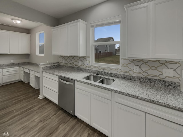 kitchen with decorative backsplash, white cabinets, dark wood finished floors, stainless steel dishwasher, and a sink