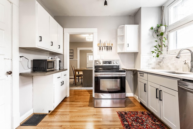 kitchen with light wood-style flooring, stainless steel appliances, a sink, white cabinetry, and backsplash