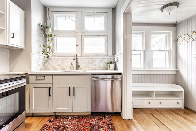 kitchen with a healthy amount of sunlight, light wood-style floors, stainless steel appliances, and a sink