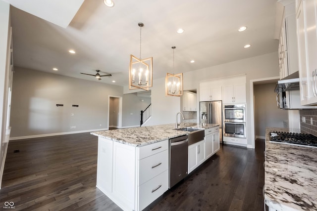 kitchen with dark wood-style flooring, stainless steel appliances, tasteful backsplash, a sink, and under cabinet range hood