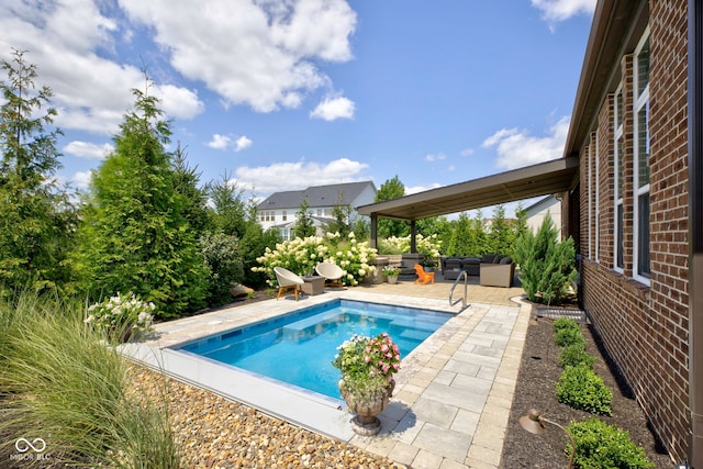 view of pool featuring a patio, outdoor lounge area, and a fenced in pool