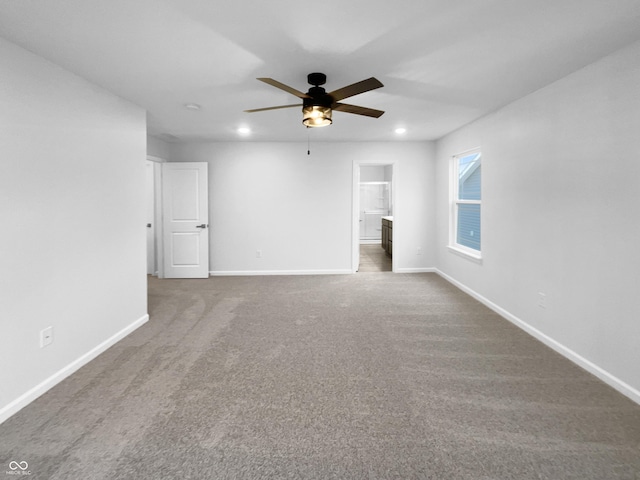 unfurnished living room featuring ceiling fan, recessed lighting, carpet, and baseboards