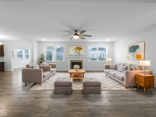 living area featuring a healthy amount of sunlight, baseboards, and wood finished floors