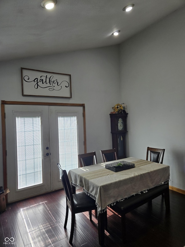 dining space with french doors, dark wood-style flooring, and recessed lighting