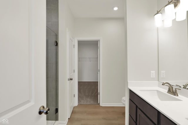 19714 Highclere Ln, Sheridan, IN 46069 - bathroom with a walk in closet, vanity, toilet, recessed lighting, and wood finished floors