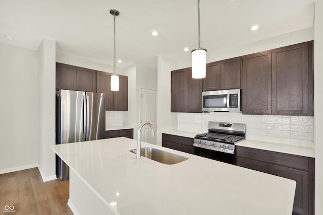19714 Highclere Ln, Sheridan, IN 46069 - kitchen with dark brown cabinetry, appliances with stainless steel finishes, tasteful backsplash, a sink, and light wood-style flooring