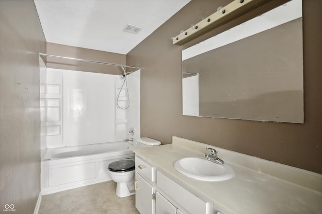 full bath with toilet, visible vents, tub / shower combination, and vanity