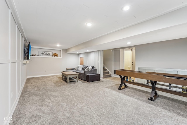 game room featuring baseboards, carpet floors, and recessed lighting