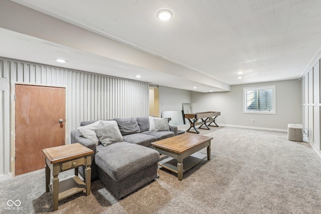 carpeted living room with baseboards and recessed lighting