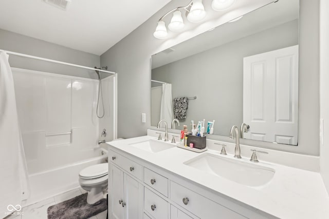 bathroom with toilet, a sink, visible vents, and shower / bathtub combination with curtain