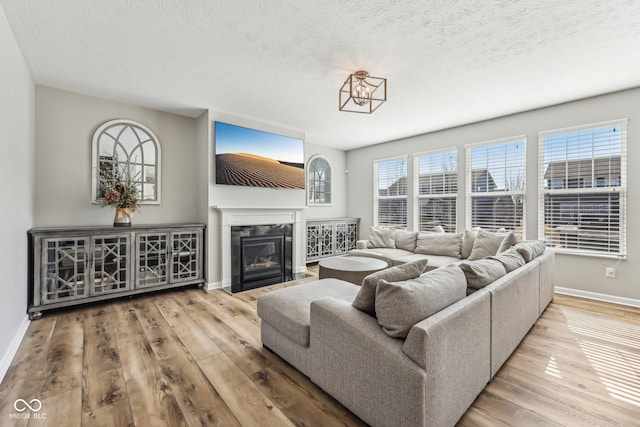 living area featuring hardwood / wood-style flooring, a premium fireplace, baseboards, and a textured ceiling