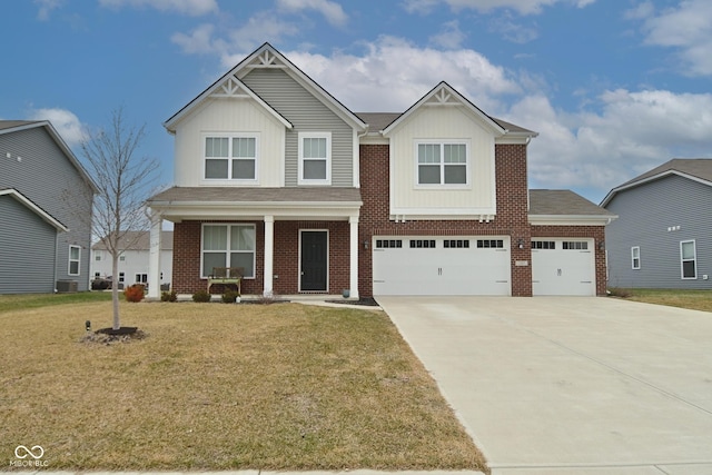 craftsman inspired home with central AC unit, brick siding, driveway, a front lawn, and board and batten siding