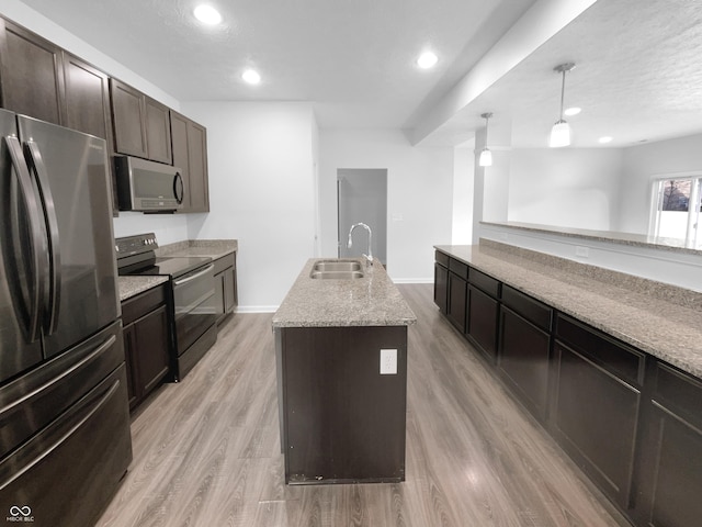 kitchen featuring dark brown cabinetry, hanging light fixtures, stainless steel appliances, light wood-type flooring, and a sink