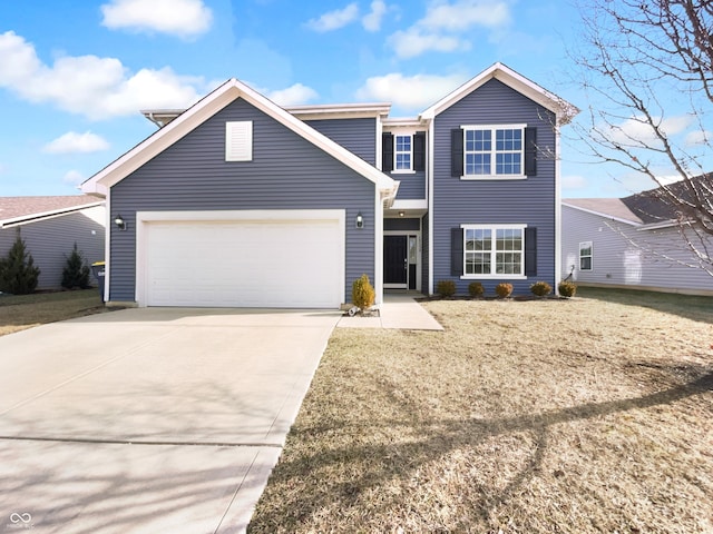 traditional-style house featuring a garage, a front lawn, and concrete driveway