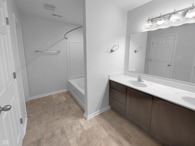 full bathroom featuring double vanity, baseboards, visible vents, shower / tub combination, and a sink