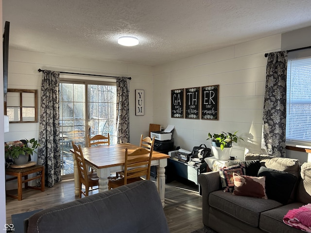 dining room with a textured ceiling, dark wood-type flooring, and a wealth of natural light