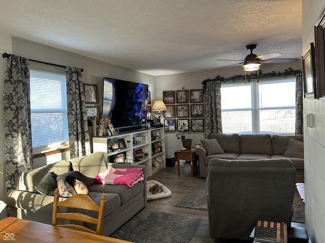 living room featuring a textured ceiling, a ceiling fan, and wood finished floors