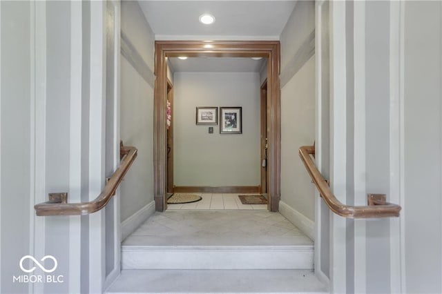 stairway featuring recessed lighting and baseboards