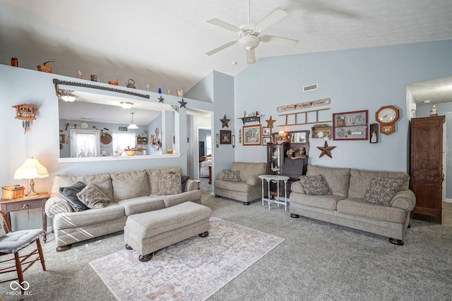 carpeted living area with visible vents, high vaulted ceiling, and ceiling fan