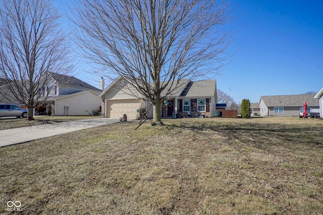 single story home with concrete driveway, a garage, and a front yard