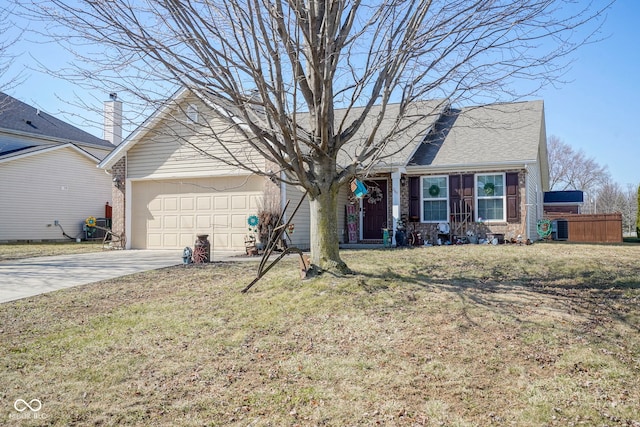 ranch-style home featuring roof with shingles, central AC, concrete driveway, a front lawn, and a garage