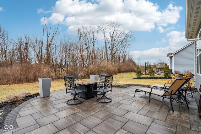 view of patio / terrace featuring an outdoor fire pit