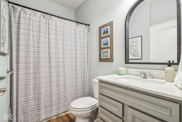 full bathroom featuring vanity, toilet, and wood finished floors