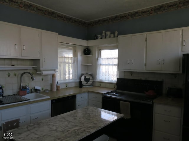 kitchen featuring open shelves, a sink, white cabinetry, black appliances, and tasteful backsplash