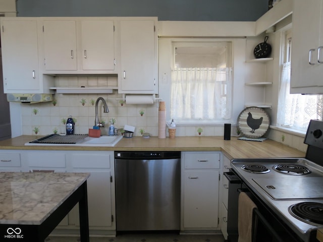 kitchen with white cabinets, electric range oven, open shelves, and dishwasher