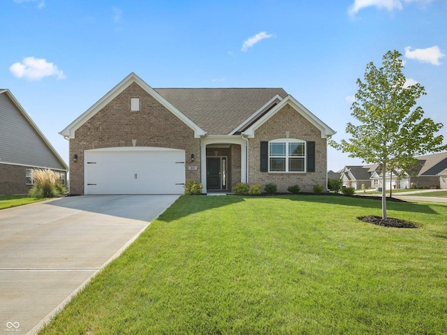 ranch-style house with an attached garage, concrete driveway, brick siding, and a front yard