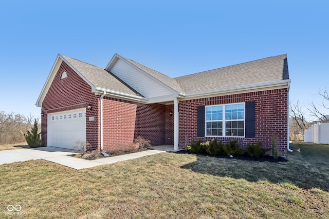 ranch-style home featuring a garage, concrete driveway, brick siding, and a front yard