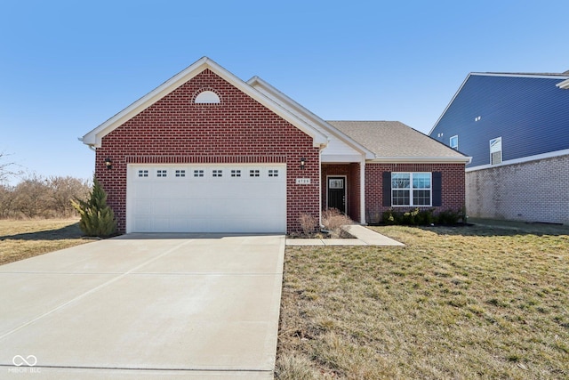 ranch-style home with a garage, a front lawn, concrete driveway, and brick siding