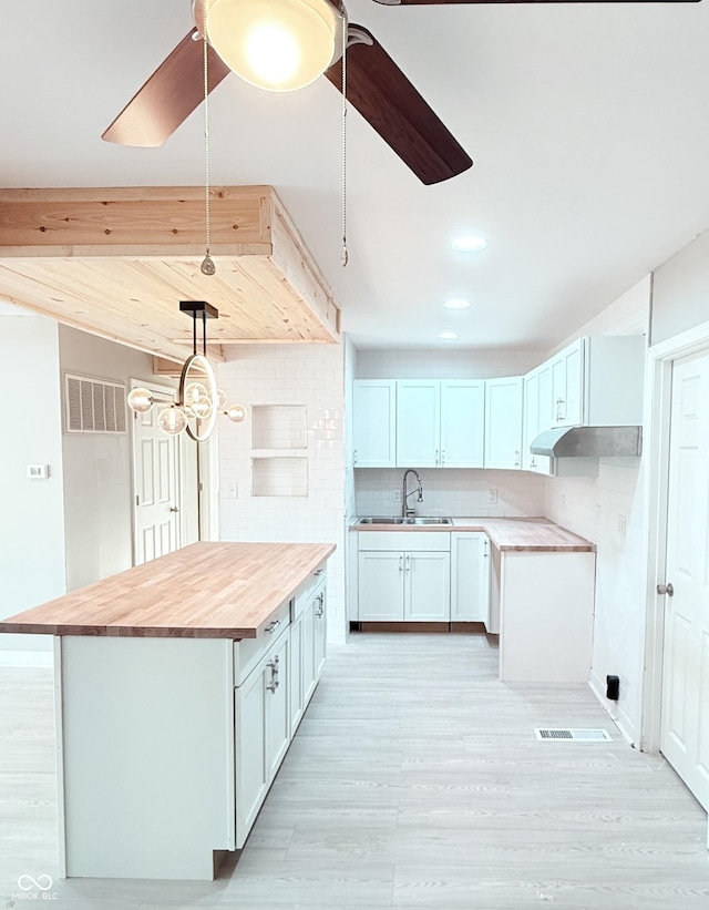 kitchen featuring a ceiling fan, light wood-type flooring, visible vents, and under cabinet range hood